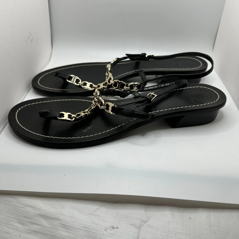 Tory‎ Burch Black Leather Gemini Chain Link Thong Sandals Gold Hardware Size 10M